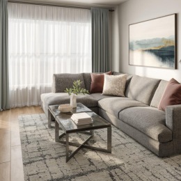 a living room with a couch and coffee table